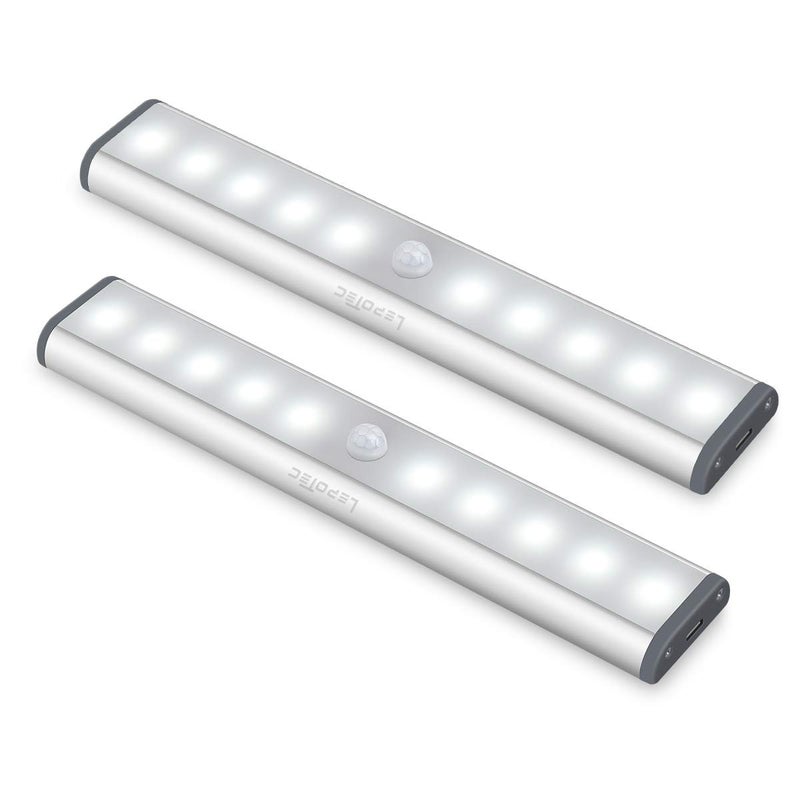 LEPOTEC Wireless Motion Sensor Cabinet Lights 10-LED USB Rechargeable Closet Lights LED Under Cabinet Lighting for Wardrobe/Drawer/Stairs/Cupboard/Counter/Pantry/Stairs,Stick On Anywhere,2 Pack,White Light - Image 1